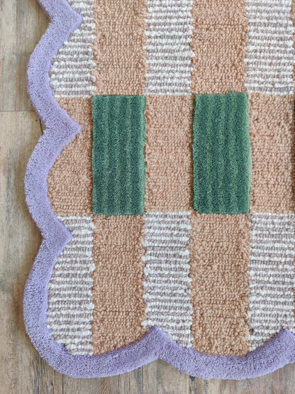 Hand-Tufted Wool Hallway Runner Neutral Plaid Rug with Scalloped Edge