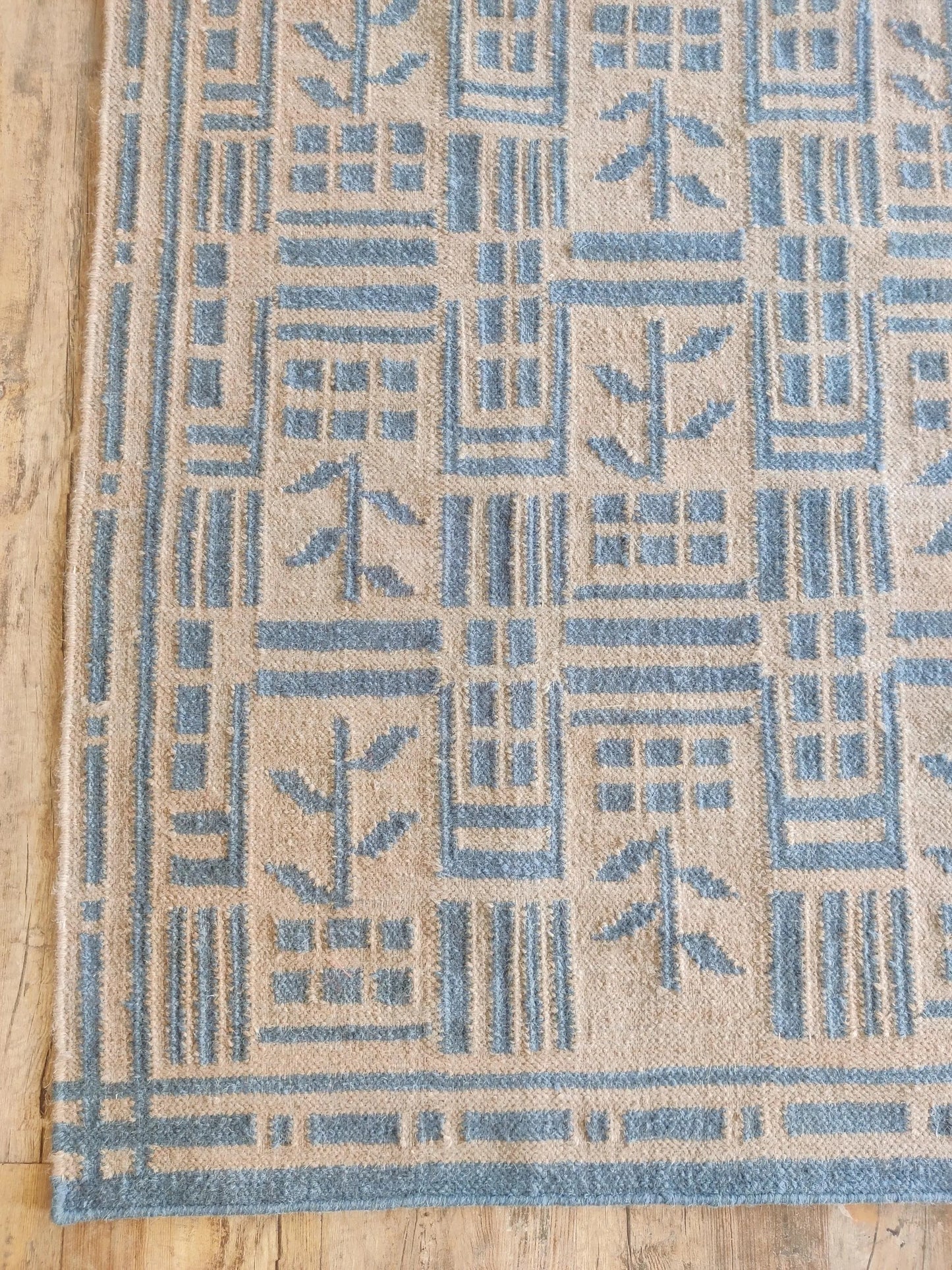 Denim Twig Lattice Blue & Beige Wool Cotton Dhurrie Rug