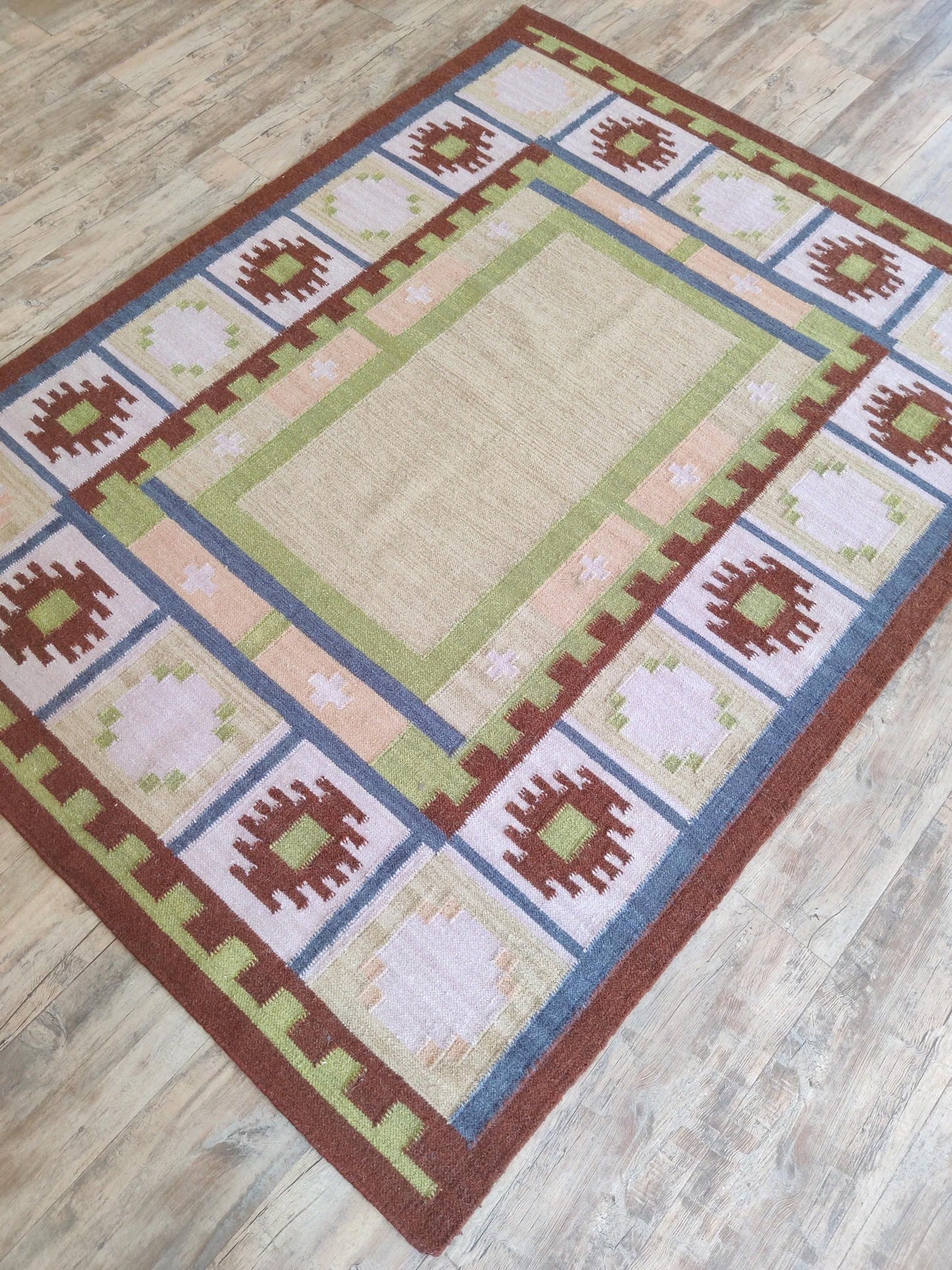 Nordic Pastel Border Wool Cotton Dhurrie Rug