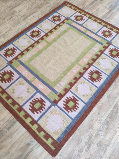Nordic Pastel Border Wool Cotton Dhurrie Rug