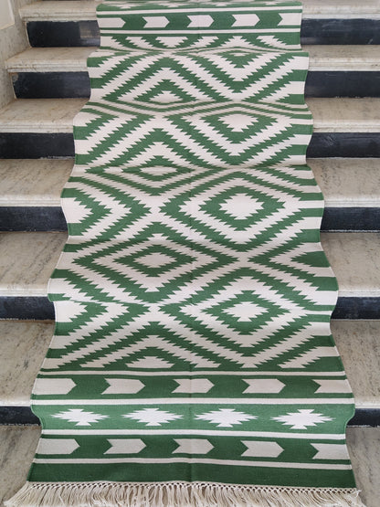 Green Diamond Cotton Runner Rug, Hallway Runner Rug