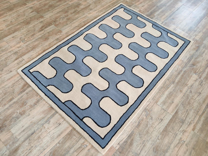 Blue Ivory Wave Wool Tufted Rug