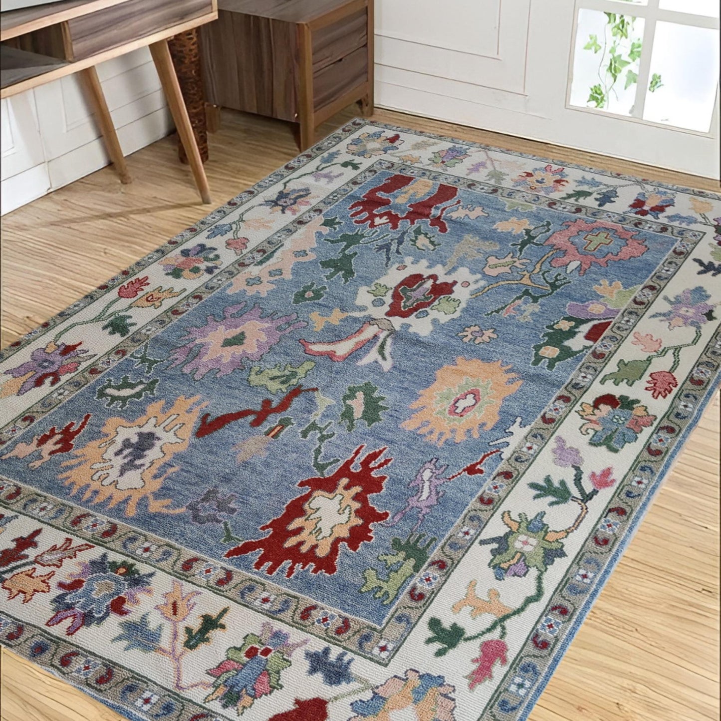 Hand Knotted Oushak Denim Blue & Cream Wool carpet