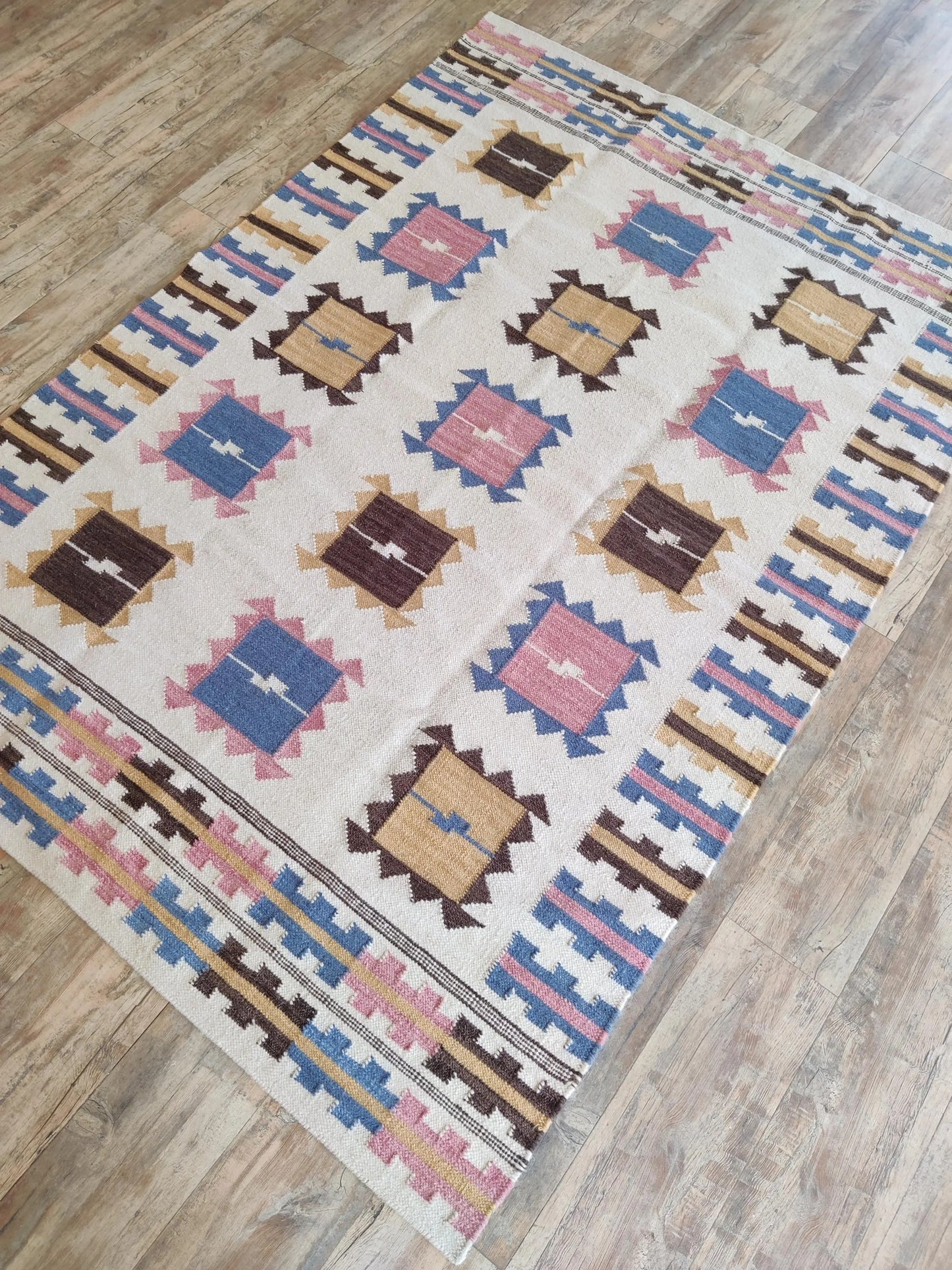 Nomadic Pastel Blocks Wool and Cotton Kilim Rug