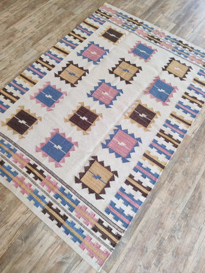 Nomadic Pastel Blocks Wool and Cotton Kilim Rug