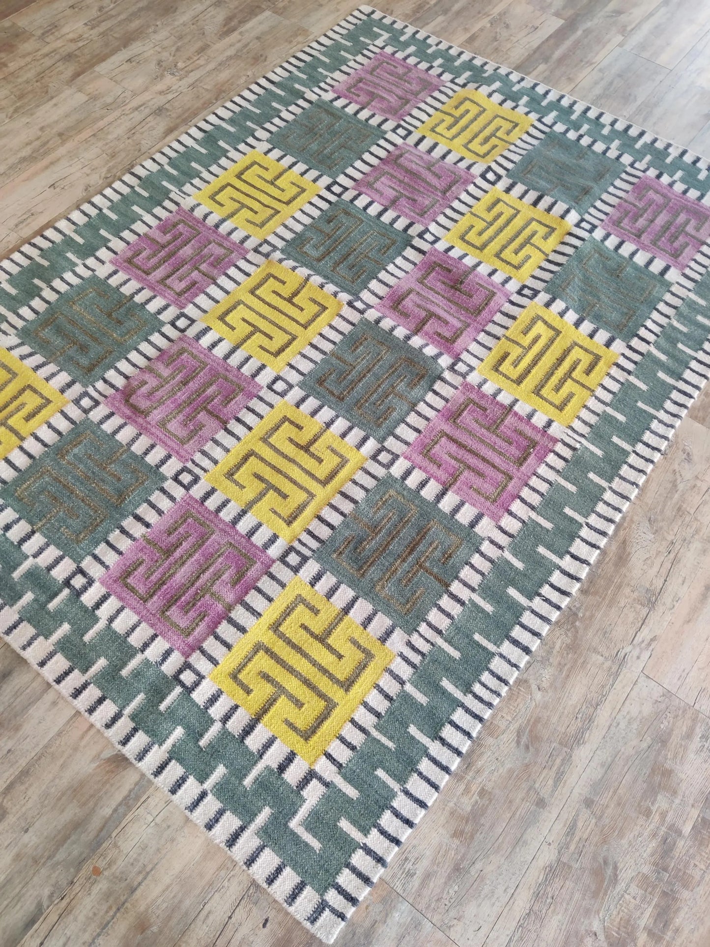 Greek Key Color-Block Matrix - Modern Yellow & Purple Wool Cotton Dhurrie Rug