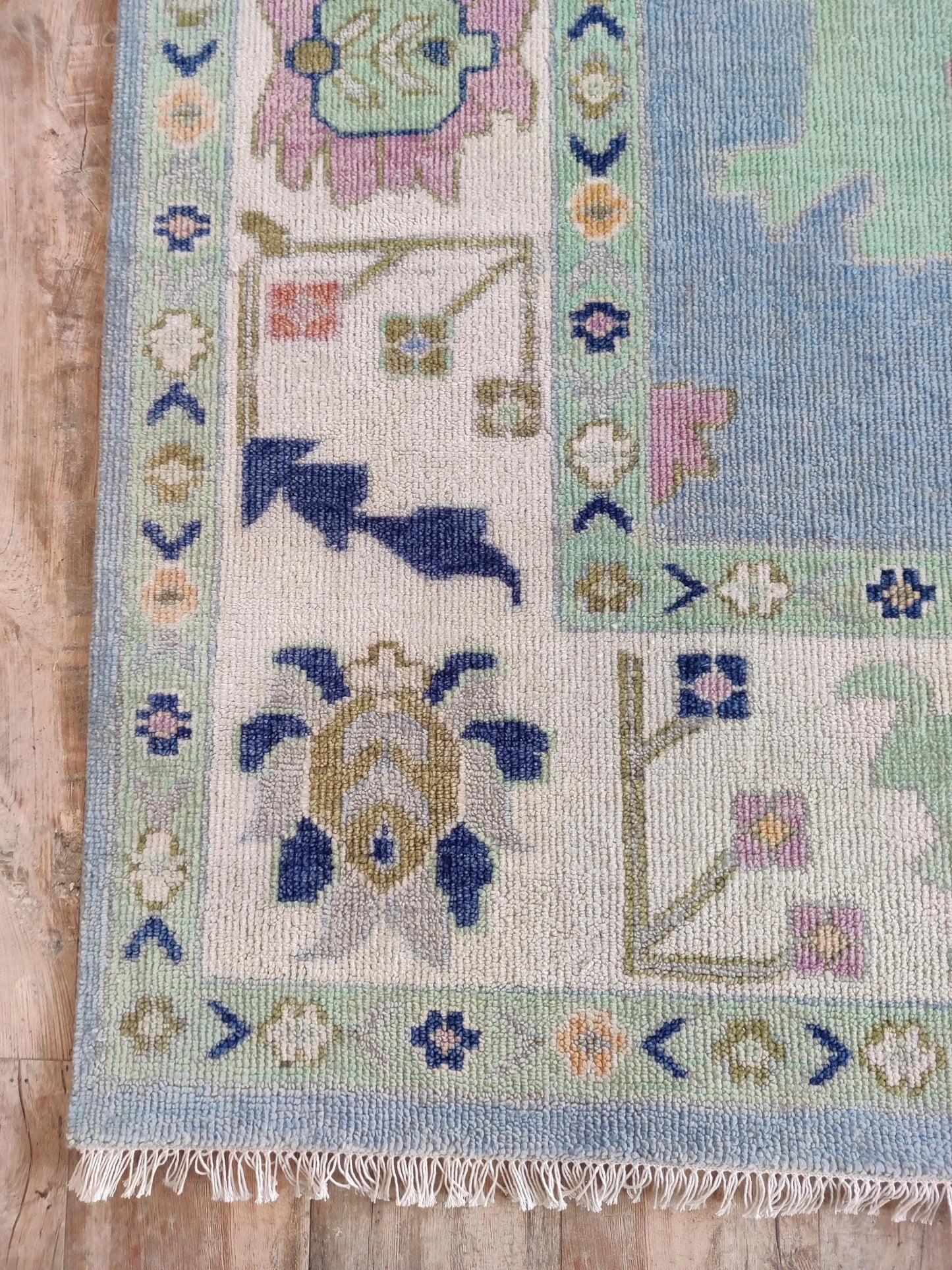 Handmade Turkish Oushak Rug Sky Blue Floral Wool Carpet