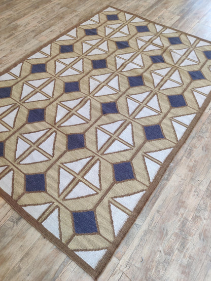 Camel & Navy Geo Lattice Diamond Prism Motif Area Rug