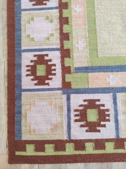 Nordic Pastel Border Wool Cotton Dhurrie Rug