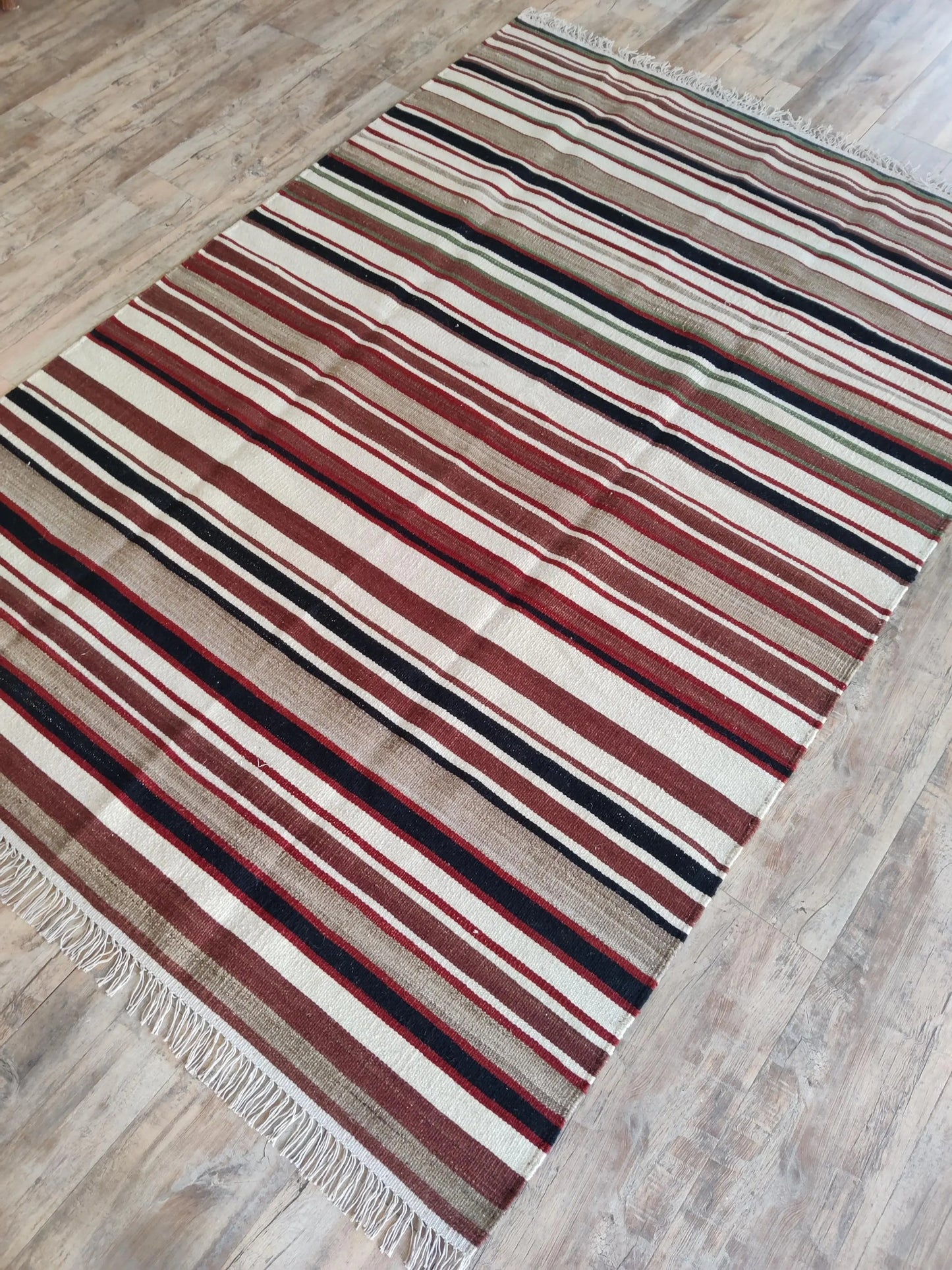 Handwoven Earth Tone Striped Cotton Wool Rug