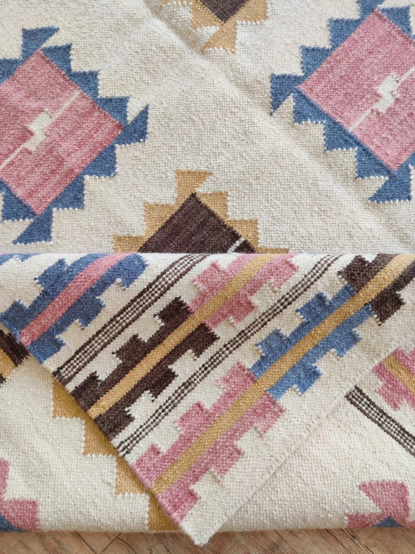 Nomadic Pastel Blocks Wool and Cotton Kilim Rug