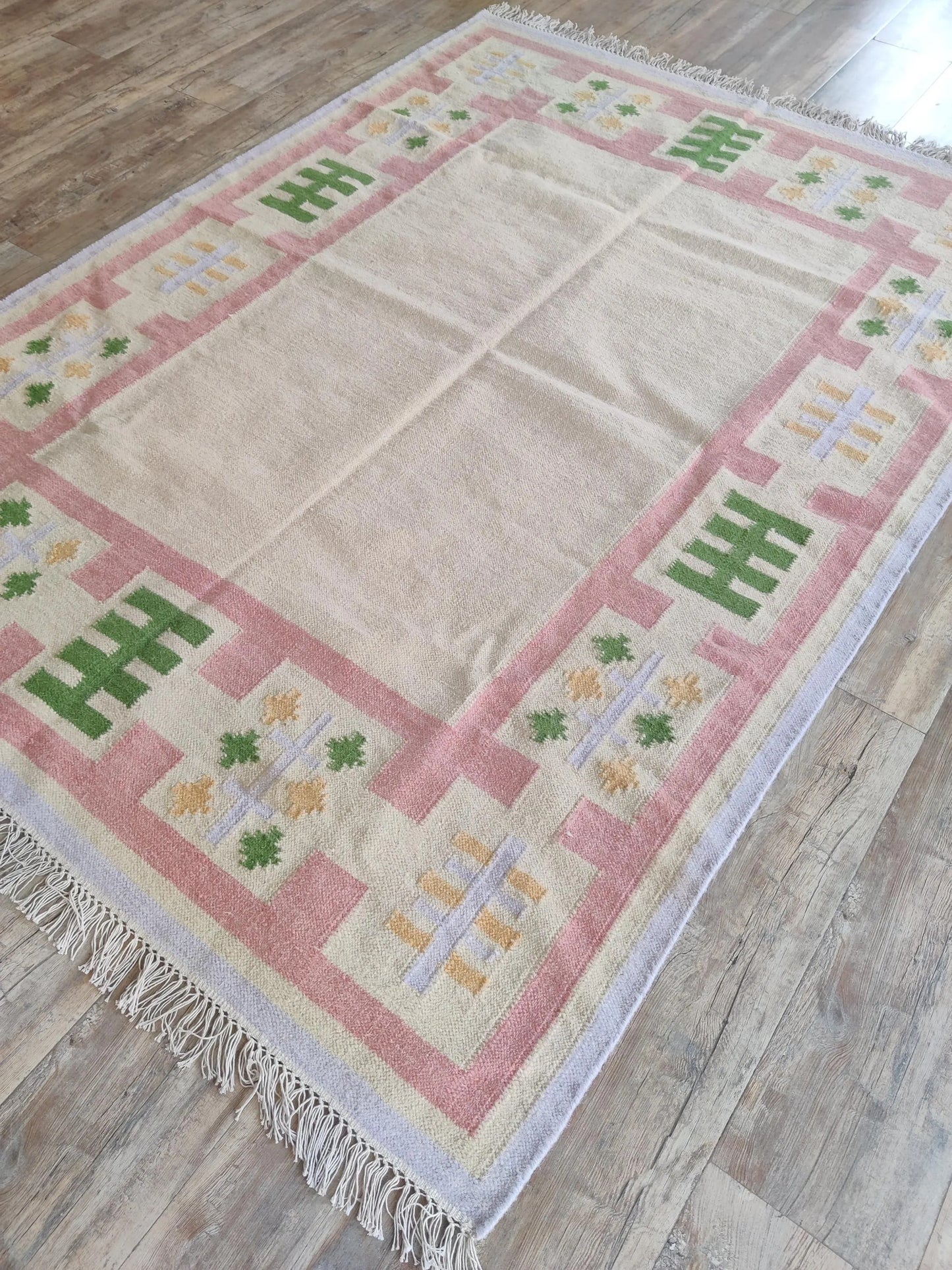 Pastel Geometric Border Wool Rug