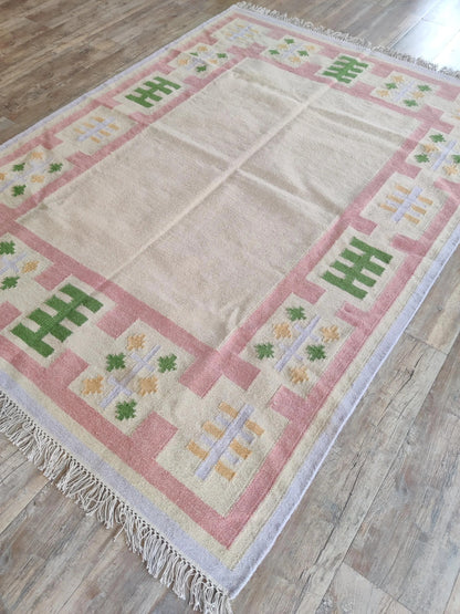 Pastel Geometric Border Wool Rug