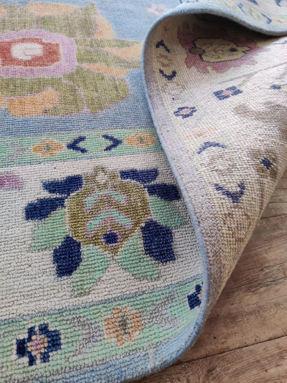 Handmade Turkish Oushak Rug Sky Blue Floral Wool Carpet