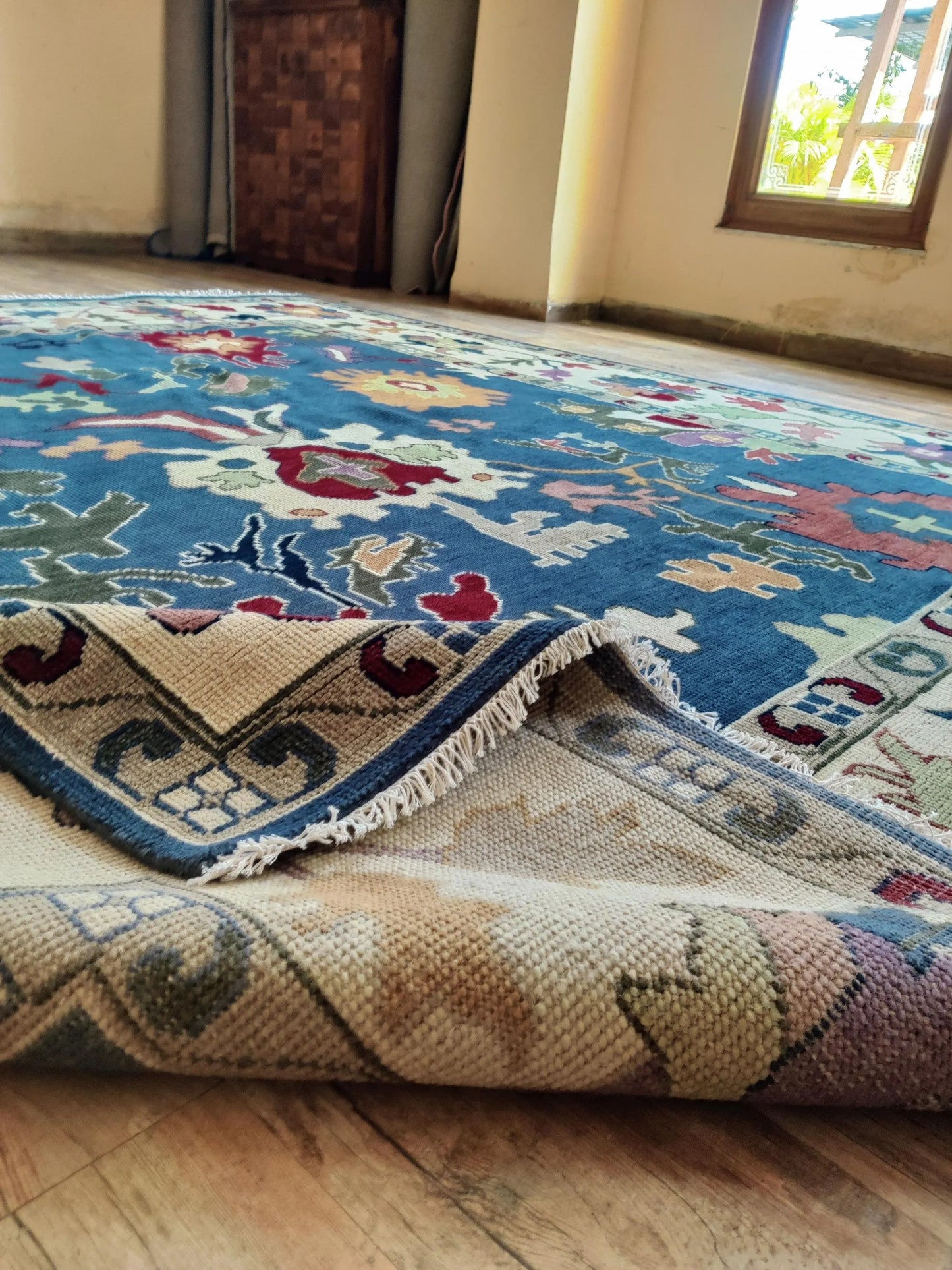 Hand Knotted Wool Oushak Rug Blue Anatolian Carpet