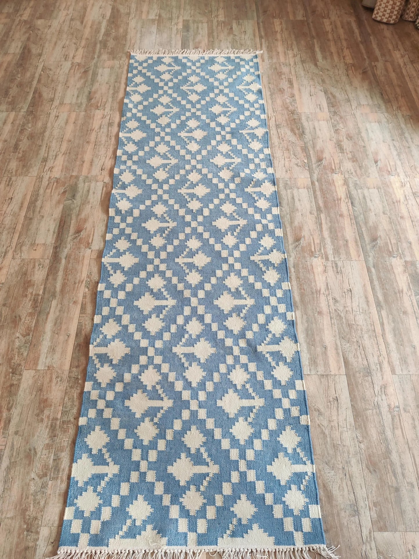 Handwoven Wool Runner Blue and White Kilim Style