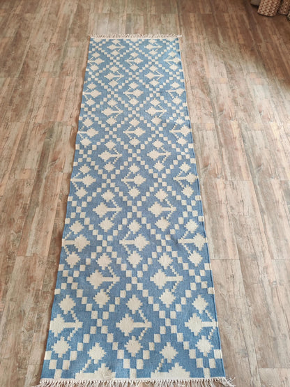 Handwoven Wool Runner Blue and White Kilim Style