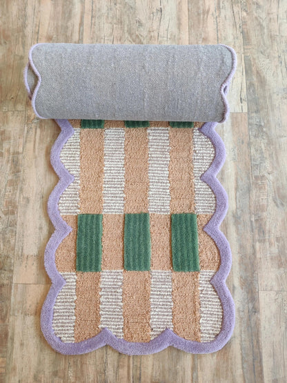 Hand-Tufted Wool Hallway Runner Neutral Plaid Rug with Scalloped Edge
