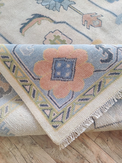Handmade Wool Oushak Rug Sea Blue Border Floral Design Carpet