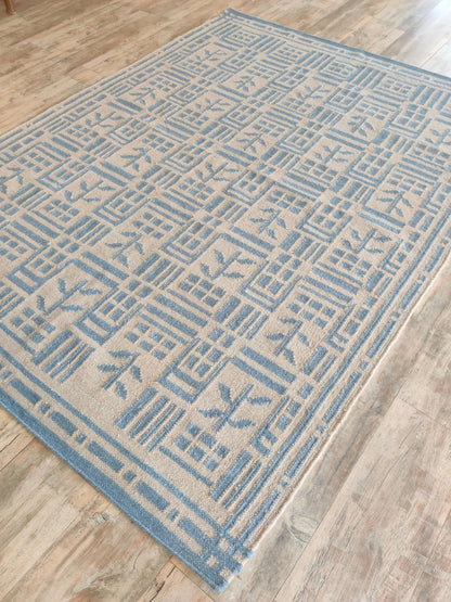 Denim Twig Lattice Blue & Beige Wool Cotton Dhurrie Rug