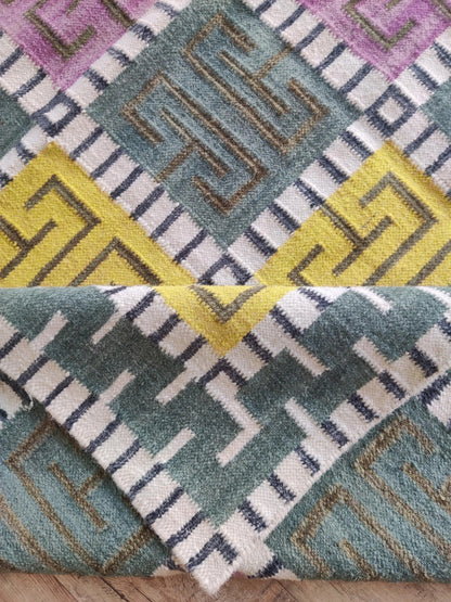Greek Key Color-Block Matrix - Modern Yellow & Purple Wool Cotton Dhurrie Rug
