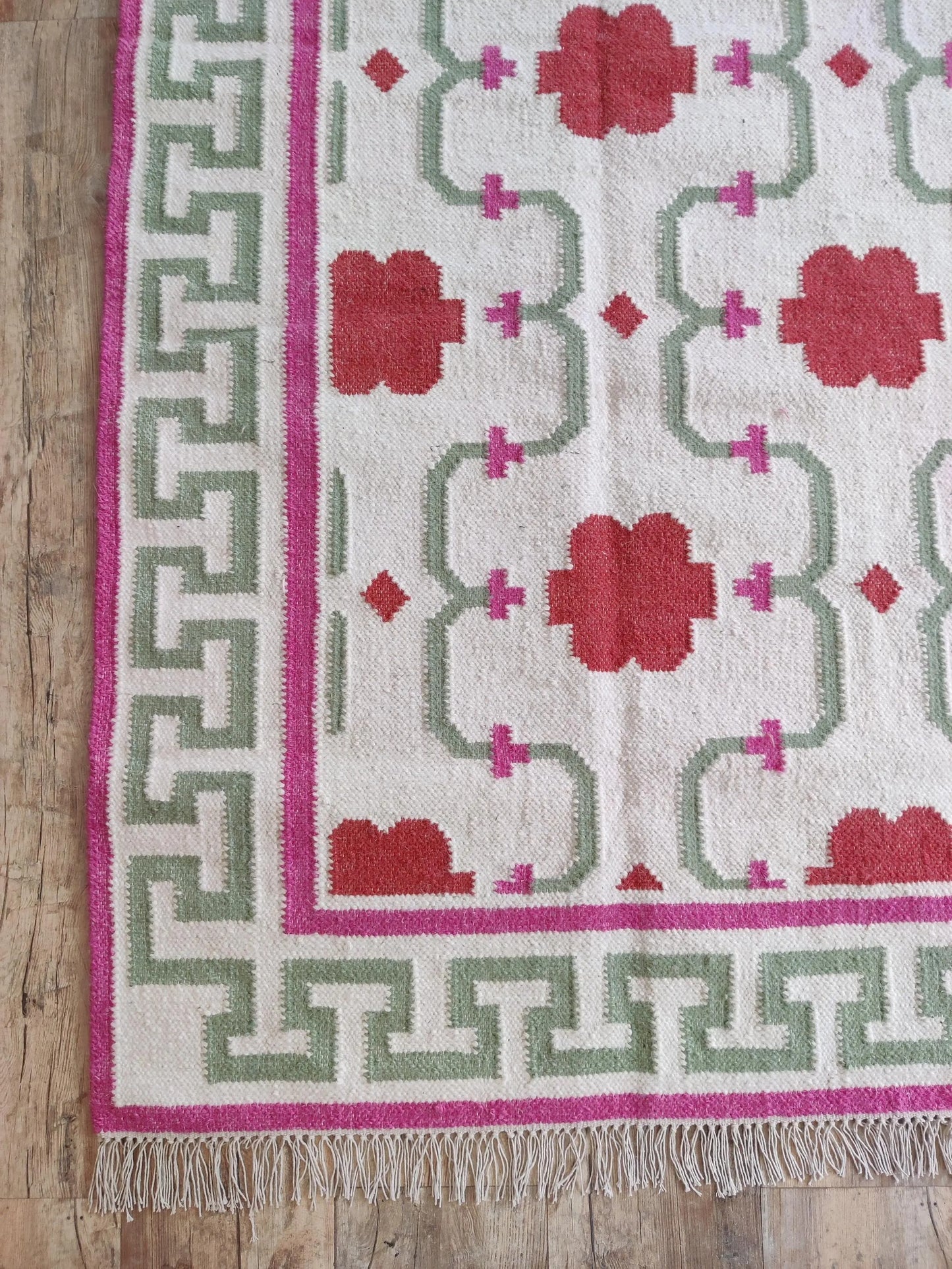 Crimson Greek Key Blossom Handwoven Symmetrical Floral Rug