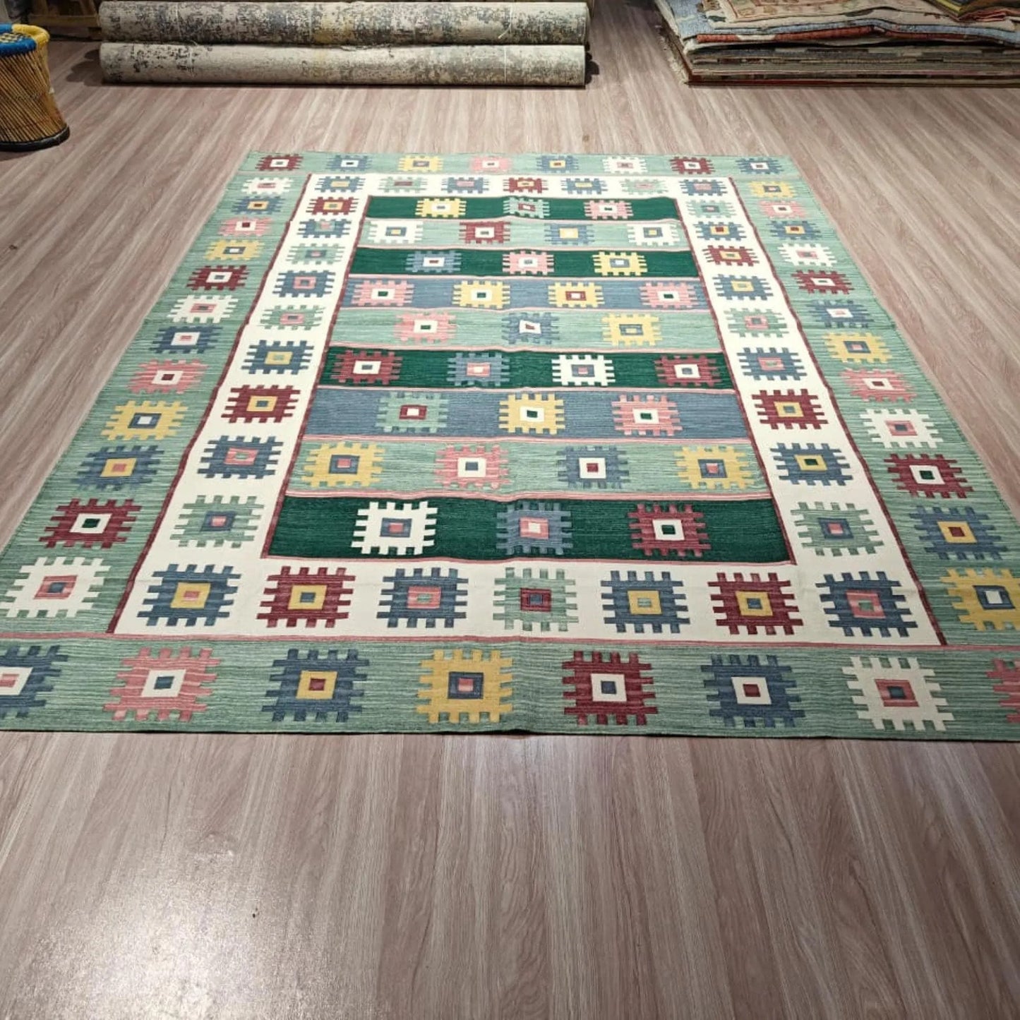 Multicolour Geometric Pixel Medallion Design Rug