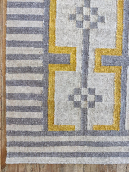 Bauhaus Step Striped Border and Mustard Geometric Pattern rug
