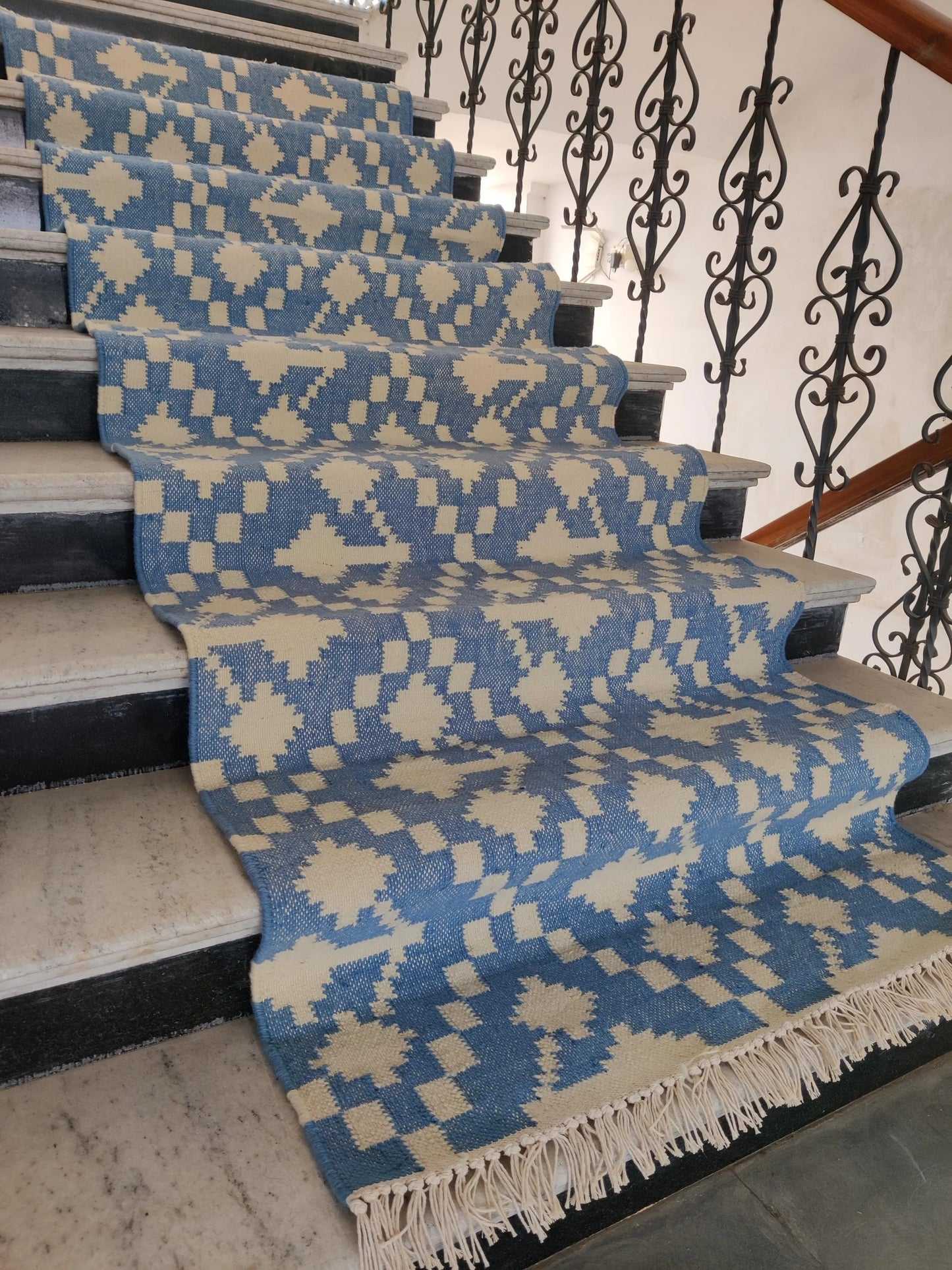 Handwoven Wool Runner Blue and White Kilim Style