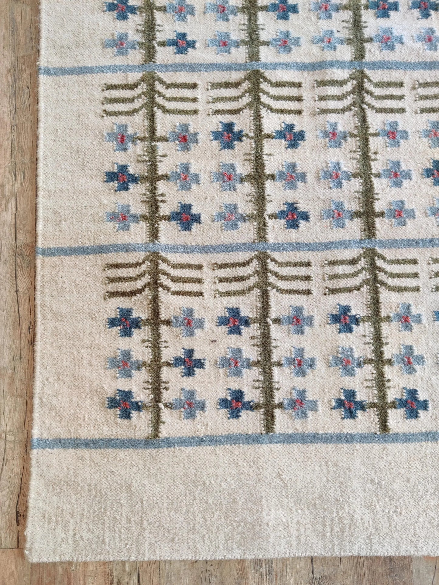 Olive & Denim Tree Trellis Handwoven Symmetrical Folk Rug