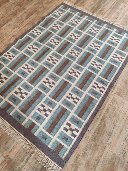 Teal Earth Block Grid Brown Wool Cotton Dhurrie Rug