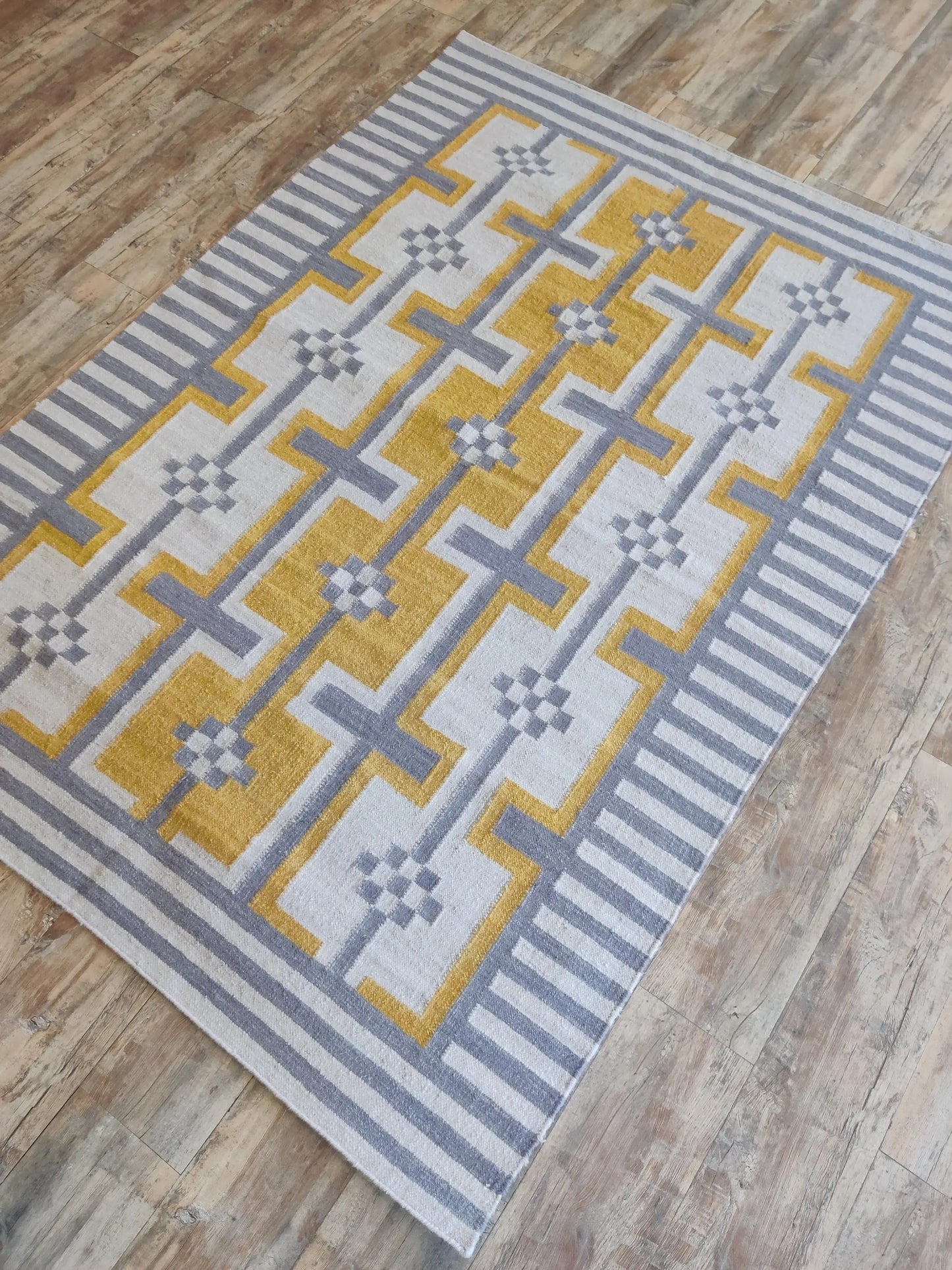Bauhaus Step Striped Border and Mustard Geometric Pattern rug