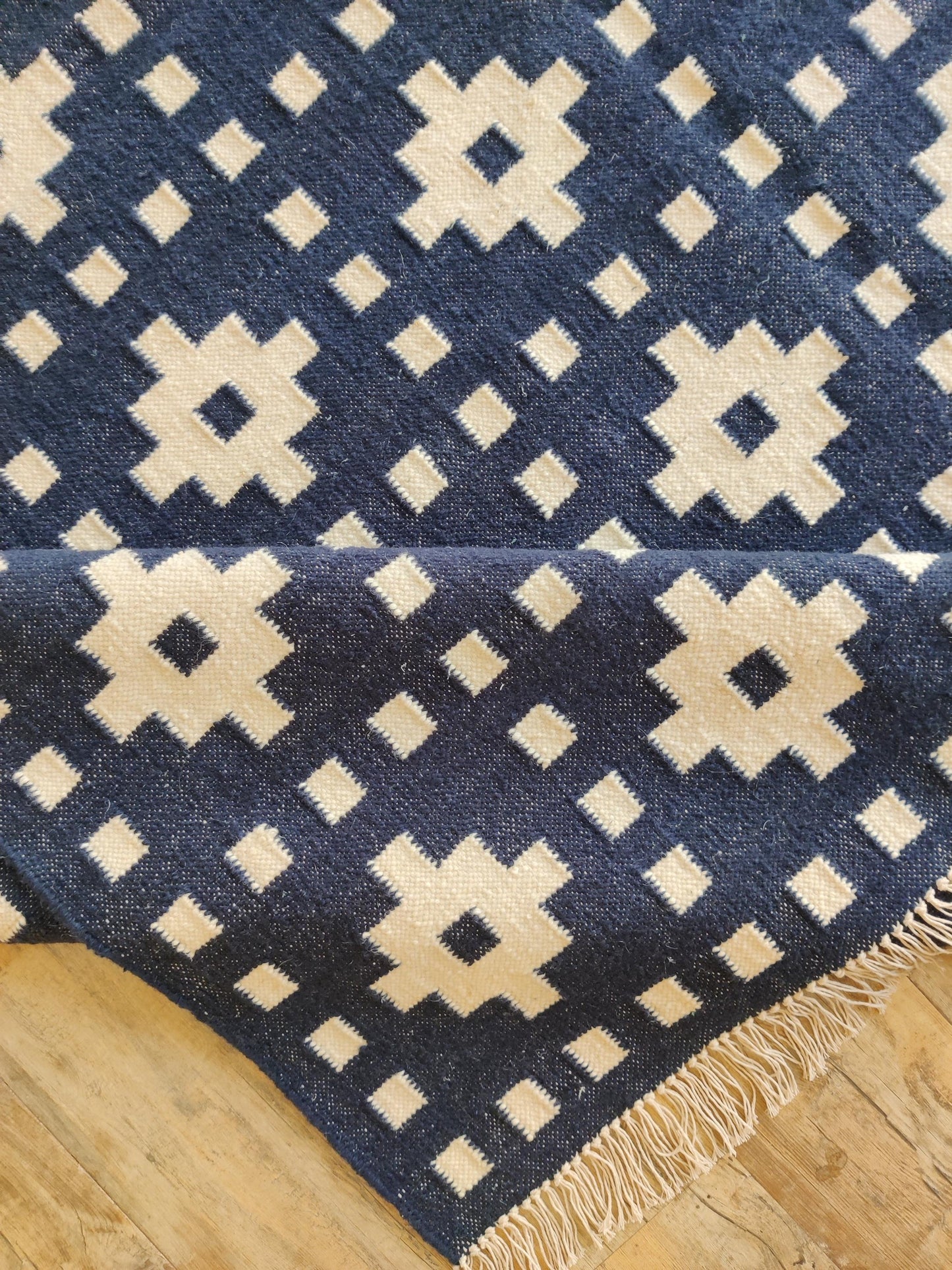 Indigo Pixel Cross Deep Navy Blue & Ivory Cream Cotton Wool Dhurrie