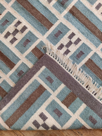 Teal Earth Block Grid Brown Wool Cotton Dhurrie Rug