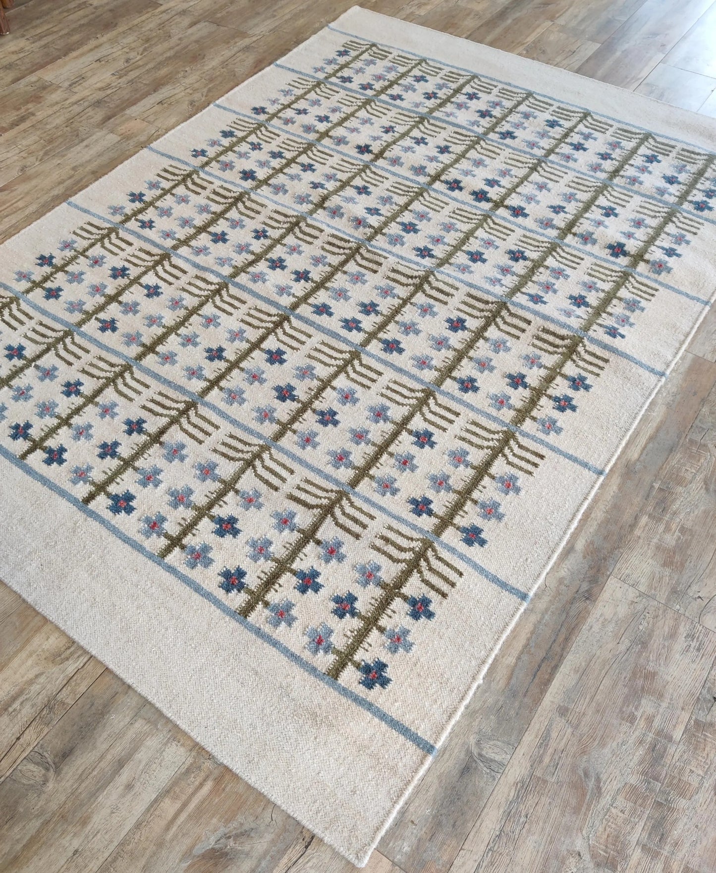 Olive & Denim Tree Trellis Handwoven Symmetrical Folk Rug