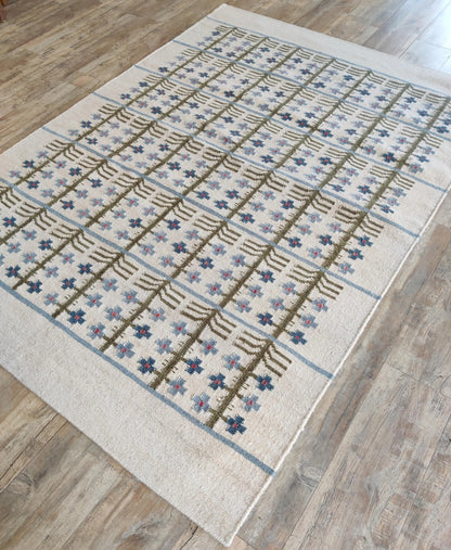 Olive & Denim Tree Trellis Handwoven Symmetrical Folk Rug