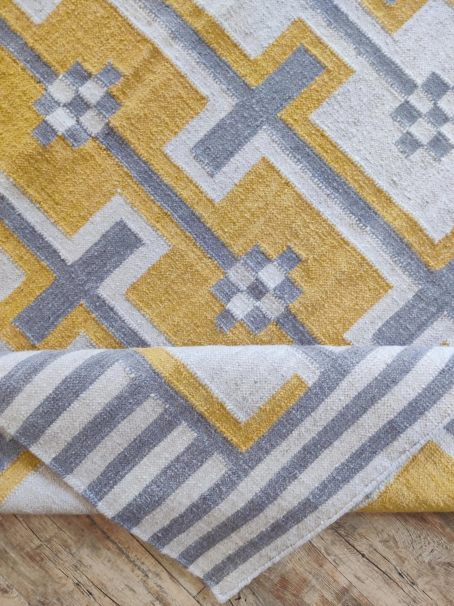 Bauhaus Step Striped Border and Mustard Geometric Pattern rug