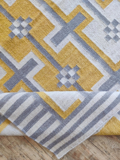 Bauhaus Step Striped Border and Mustard Geometric Pattern rug