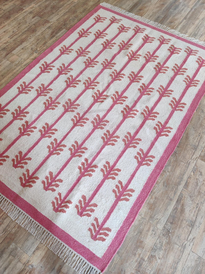 Rose Chevron Stem Dusty Rose Pink & Ivory Cotton Wool Dhurrie