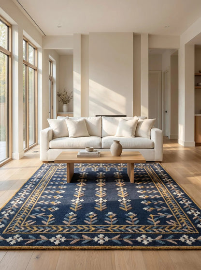 Royal Indigo Botanical Buti Flower Rug