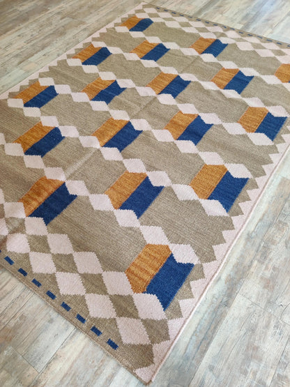 Blush Taupe Ribbon Pink & Grey Wool Cotton Dhurrie Rug