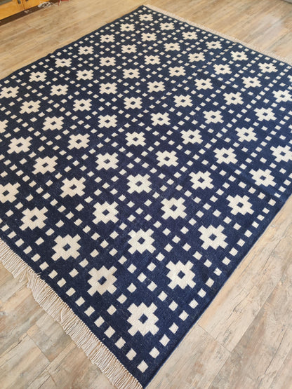 Indigo Pixel Cross Deep Navy Blue & Ivory Cream Cotton Wool Dhurrie