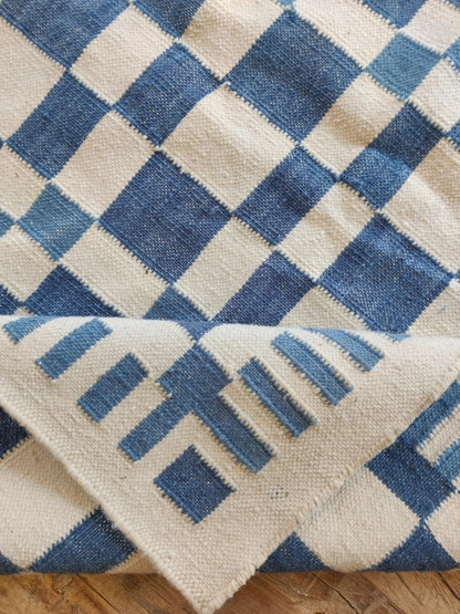 Indigo Checkered Grid Abstract Pixelated Blocks Pattern Flatweave Accent