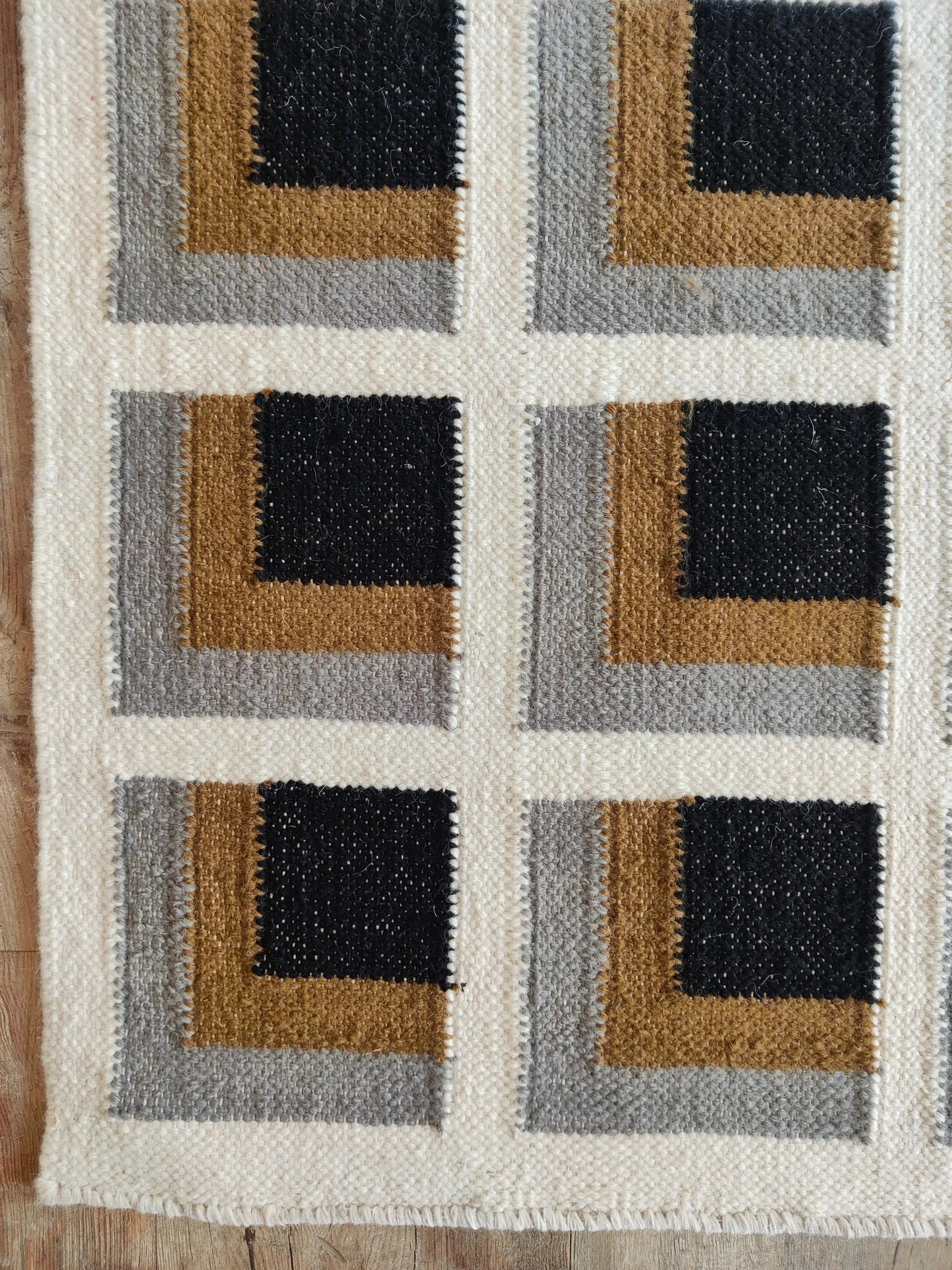 Mustard Yellow Charcoal Grey Handwoven Dhurrie Rug