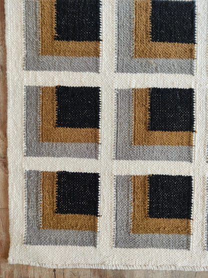 Mustard Yellow Charcoal Grey Handwoven Dhurrie Rug