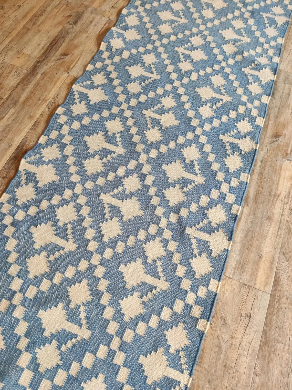 Handwoven Wool Runner Blue and White Kilim Style