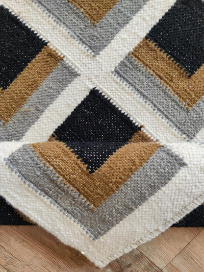 Mustard Yellow Charcoal Grey Handwoven Dhurrie Rug