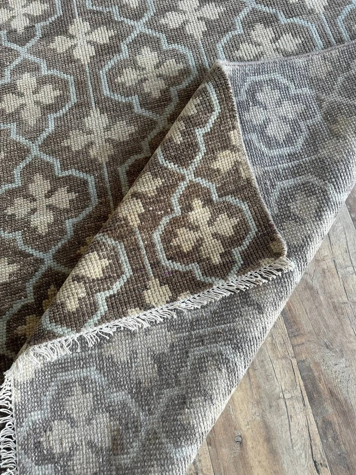 Charcoal Grey Hand Knotted Rug, Neutral Taupe & Cream Geometric Wool Area Rug