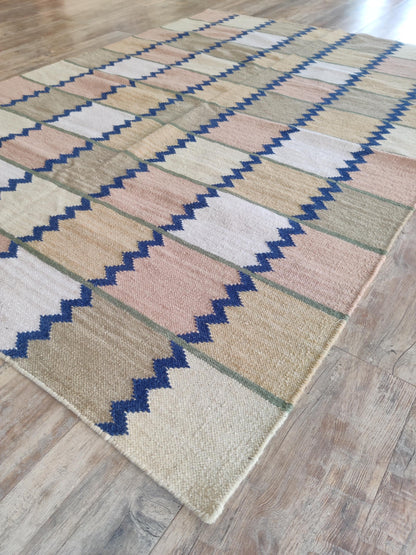 Handmade Pastel Zigzag Grid Checkered Flatweave rug