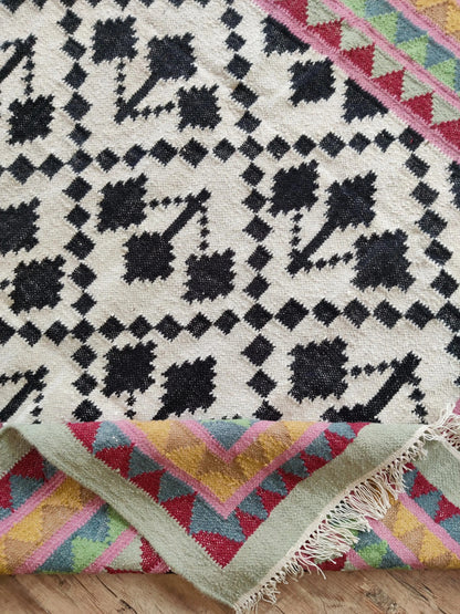 Monochrome Tree & Sawtooth Border Wool Area Rug